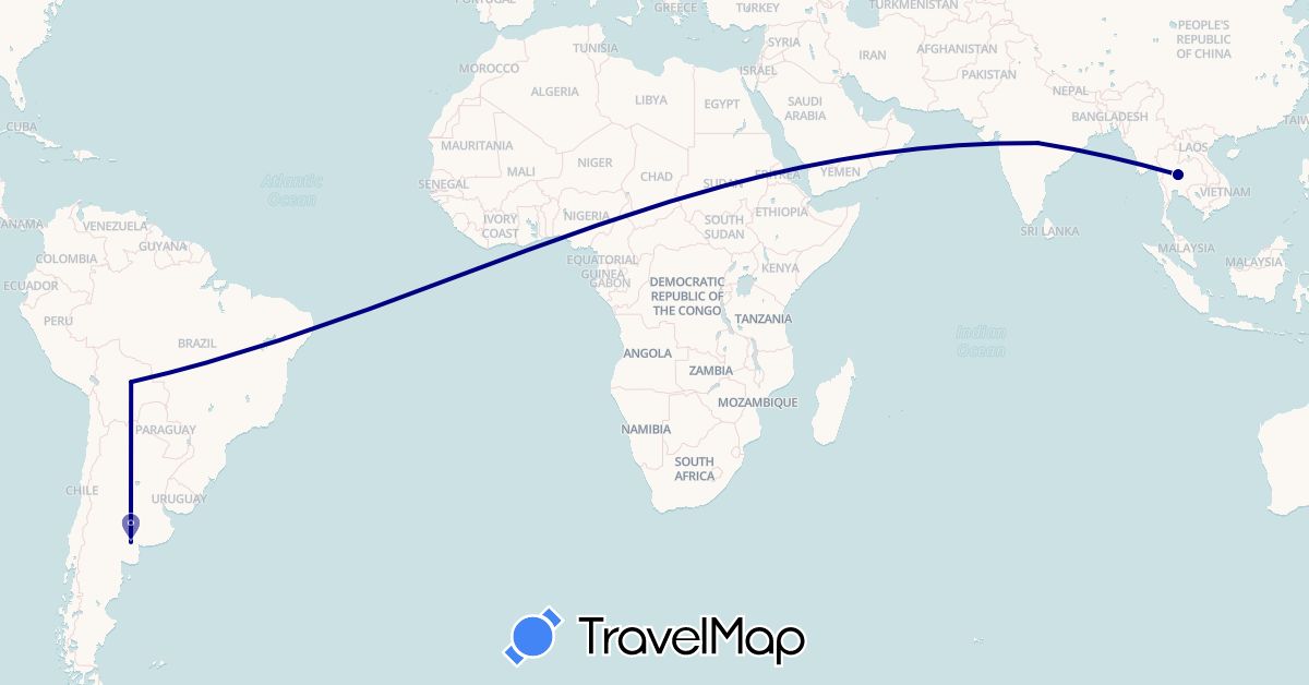 TravelMap itinerary: driving in Argentina, Bolivia, India, Thailand (Asia, South America)